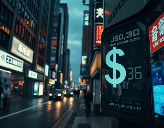 Currency exchange board in Tokyo showing Japanese yen weakening against the US dollar