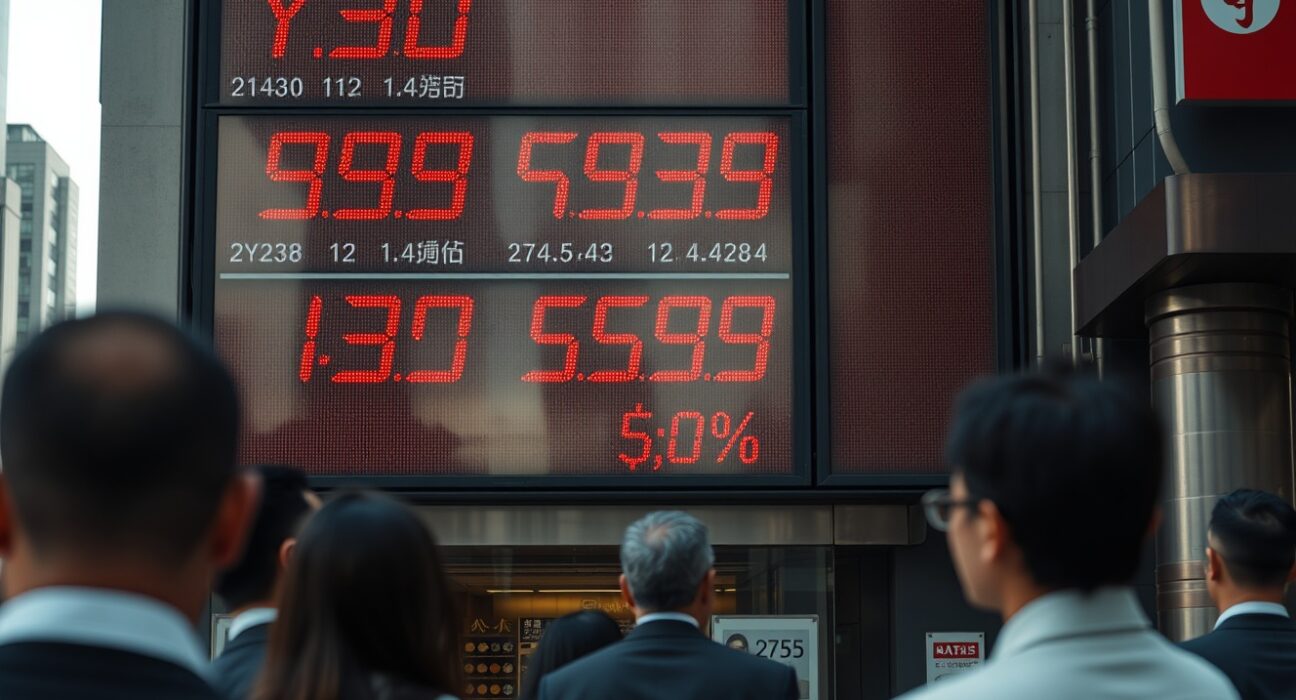 Digital currency exchange board in Tokyo showing Japanese yen weakening against US dollar