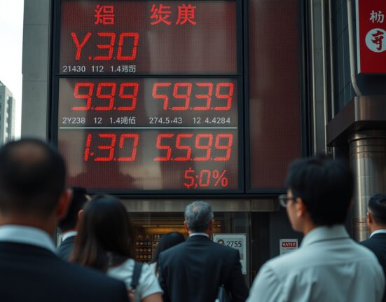 Digital currency exchange board in Tokyo showing Japanese yen weakening against US dollar