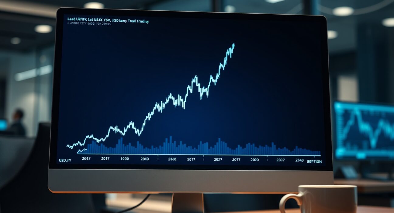 Digital trading screen showing USD/JPY forex chart with upward trend reflecting yen weakness