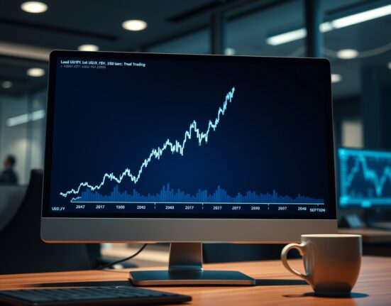 Digital trading screen showing USD/JPY forex chart with upward trend reflecting yen weakness