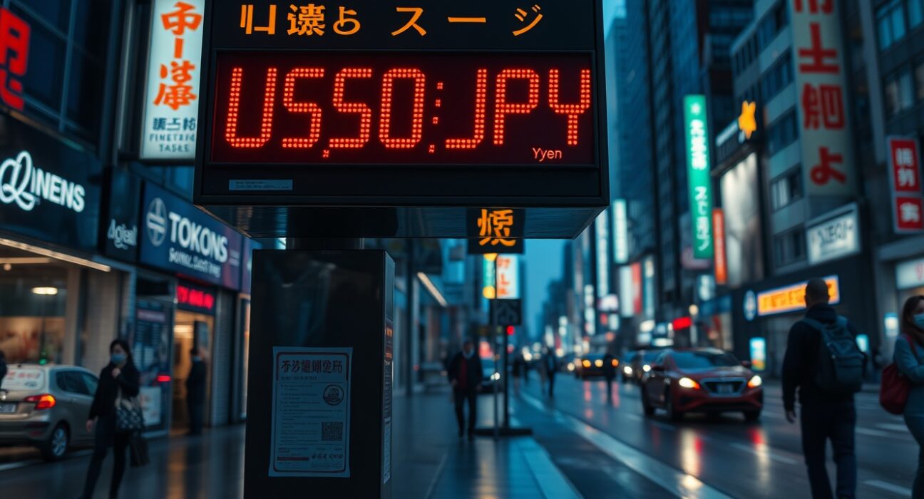 Digital currency exchange board in Tokyo showing USD/JPY rate at a multi-decade low for the yen.