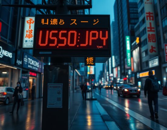 Digital currency exchange board in Tokyo showing USD/JPY rate at a multi-decade low for the yen.