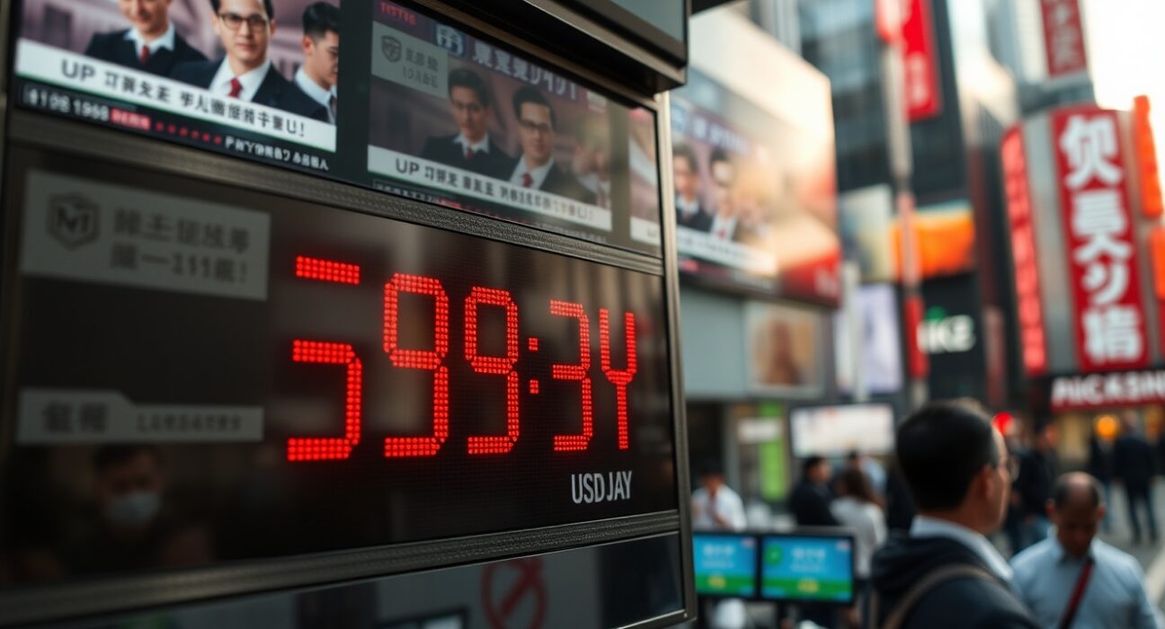 Currency exchange board in Tokyo showing USD/JPY rates with traders in background