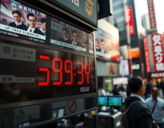 Currency exchange board in Tokyo showing USD/JPY rates with traders in background