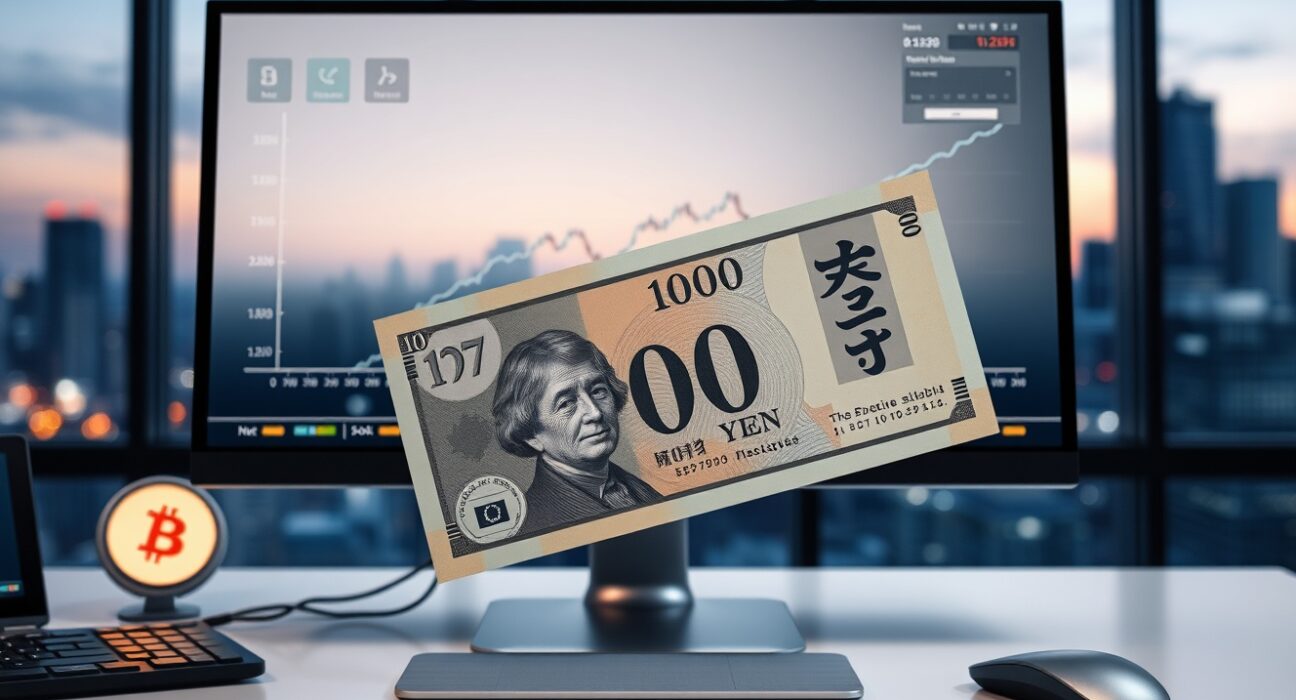 Japanese yen banknote with financial chart showing muted price action