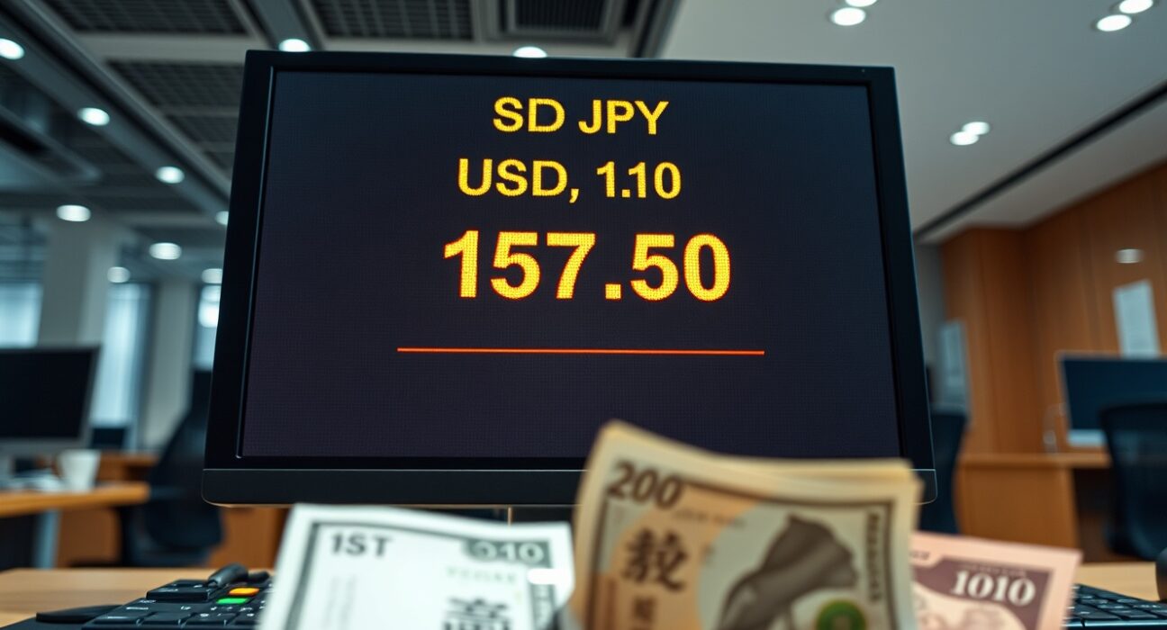 Trading screen showing USD/JPY exchange rate near 157.50 with yen and dollar banknotes in foreground