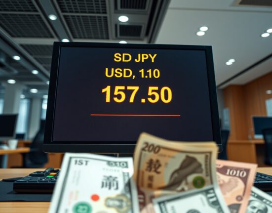 Trading screen showing USD/JPY exchange rate near 157.50 with yen and dollar banknotes in foreground