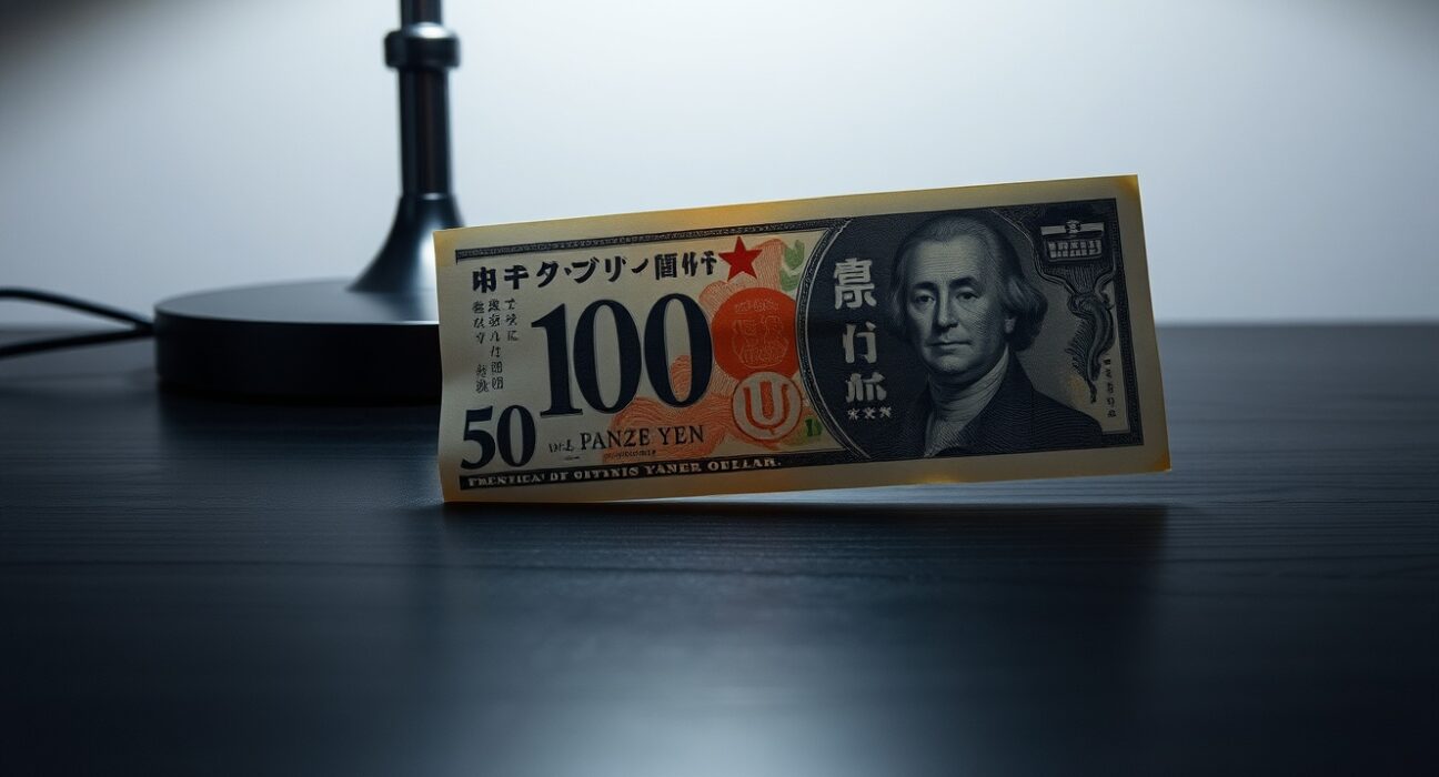 Close-up of Japanese yen and US dollar banknotes on a desk, representing currency exchange rates.