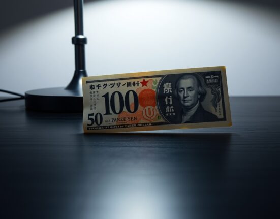 Close-up of Japanese yen and US dollar banknotes on a desk, representing currency exchange rates.