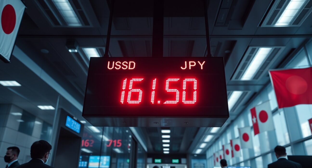 Digital currency exchange board showing USD/JPY rate at 161.50 in a Tokyo financial district lobby