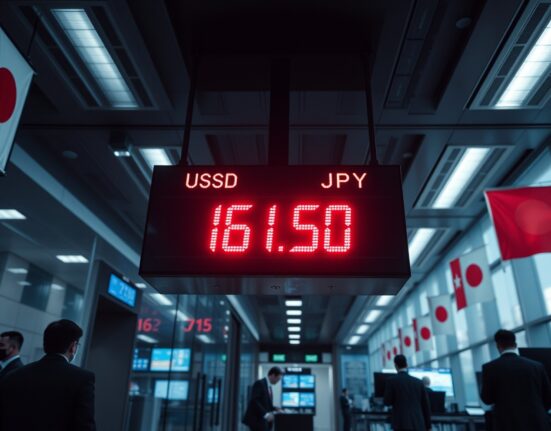 Digital currency exchange board showing USD/JPY rate at 161.50 in a Tokyo financial district lobby