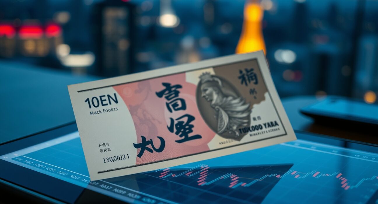 Japanese Yen banknote and financial chart on tablet, representing currency market analysis