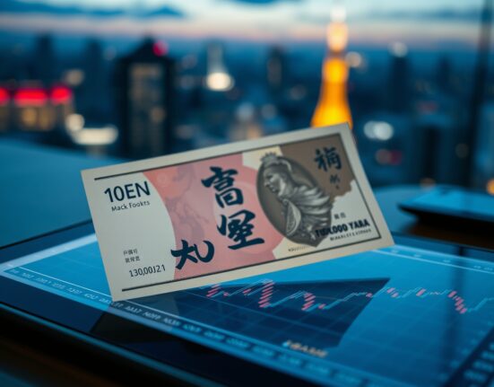Japanese Yen banknote and financial chart on tablet, representing currency market analysis