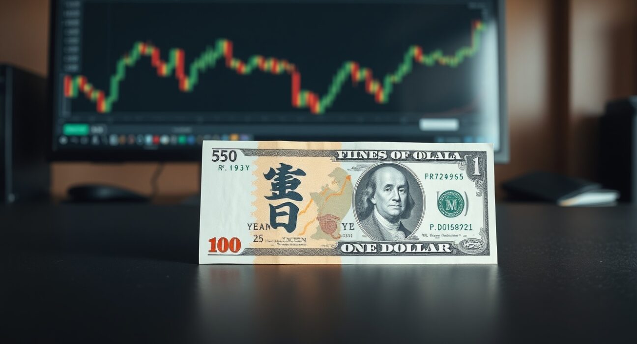 Japanese Yen and US Dollar banknotes on desk with currency chart in background