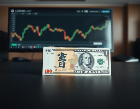 Japanese Yen and US Dollar banknotes on desk with currency chart in background