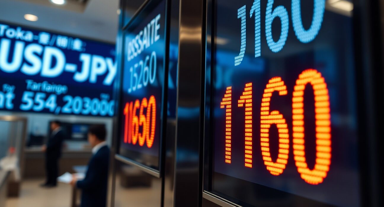 Currency exchange board in Tokyo showing USD/JPY rate near 40-year low