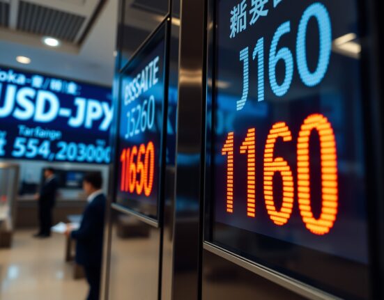 Currency exchange board in Tokyo showing USD/JPY rate near 40-year low