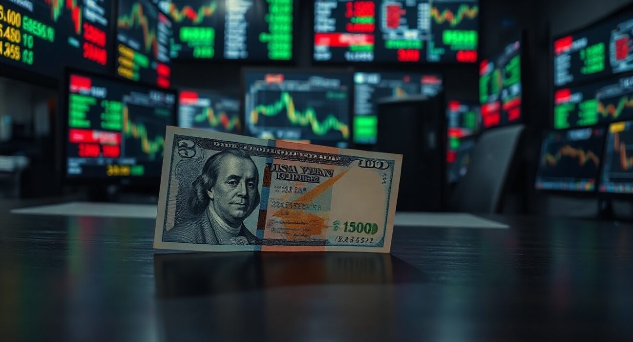 Japanese yen and US dollar banknotes on a dark surface with blurred trading screens in background.