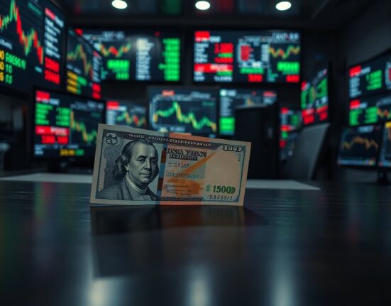 Japanese yen and US dollar banknotes on a dark surface with blurred trading screens in background.