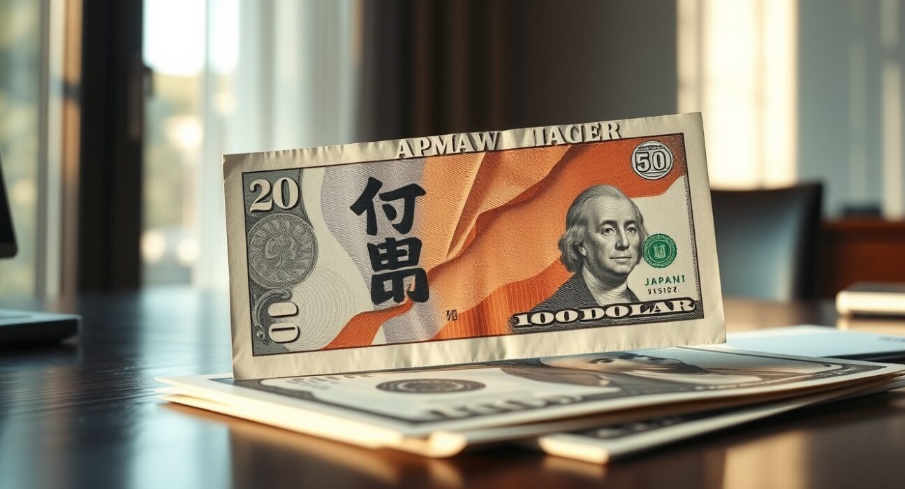 Japanese Yen and US Dollar banknotes on a desk with financial charts in background