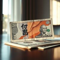 Japanese Yen and US Dollar banknotes on a desk with financial charts in background