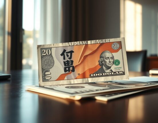 Japanese Yen and US Dollar banknotes on a desk with financial charts in background