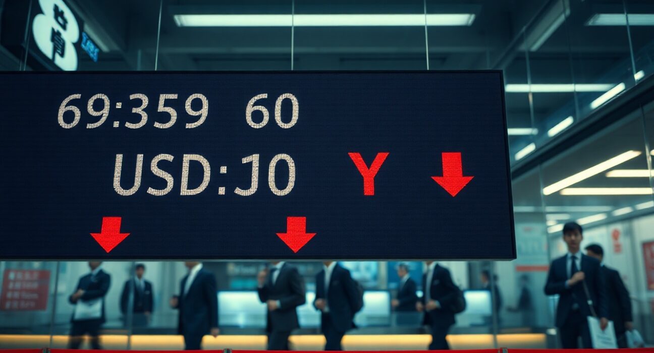 Forex board showing USD/JPY exchange rate with yen weakening, Tokyo trading floor background