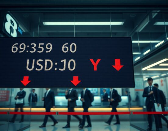 Forex board showing USD/JPY exchange rate with yen weakening, Tokyo trading floor background