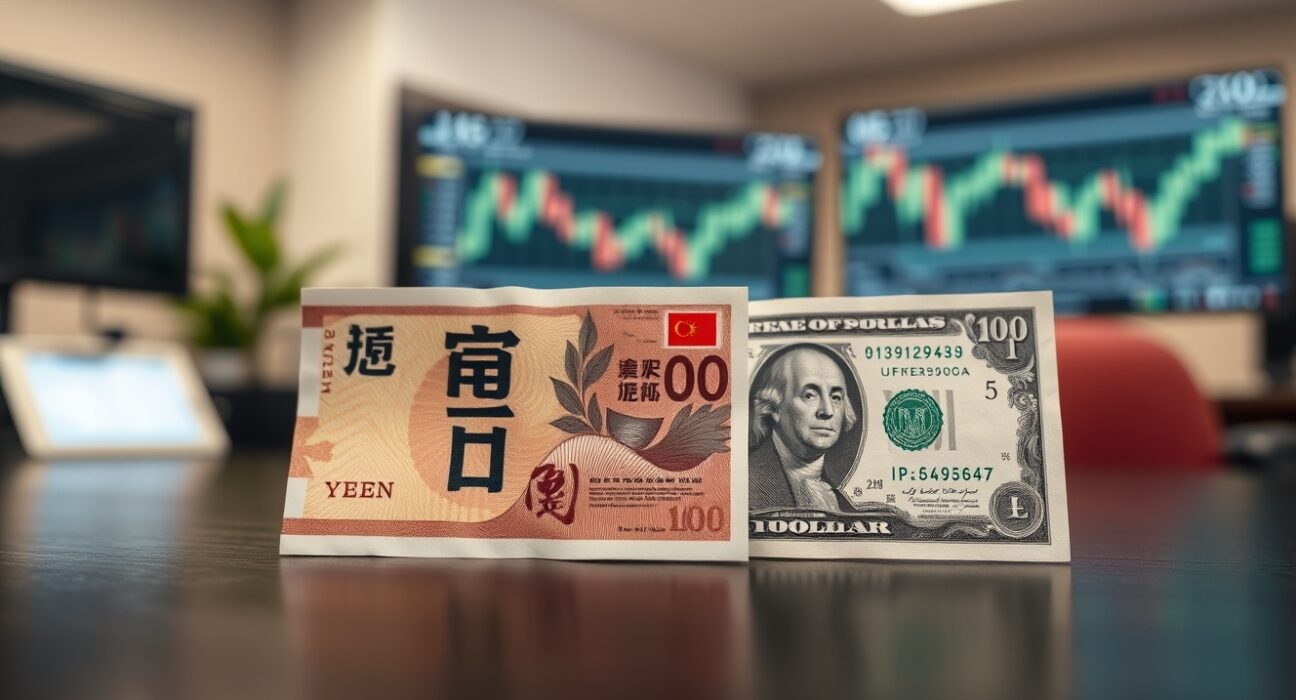 Japanese Yen and US Dollar banknotes on a desk with blurred trading screens in the background.