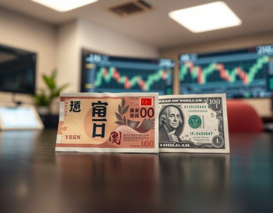 Japanese Yen and US Dollar banknotes on a desk with blurred trading screens in the background.