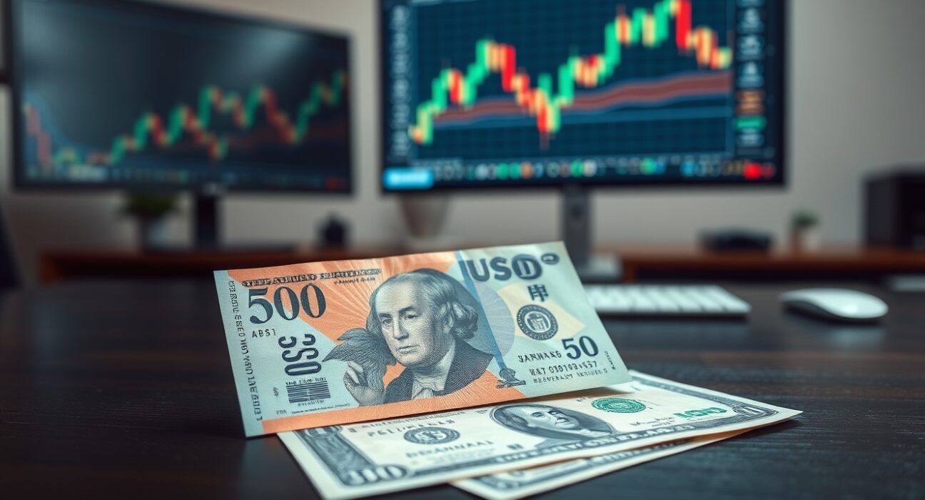 Japanese yen and US dollar banknotes on a desk with a blurred financial chart in the background