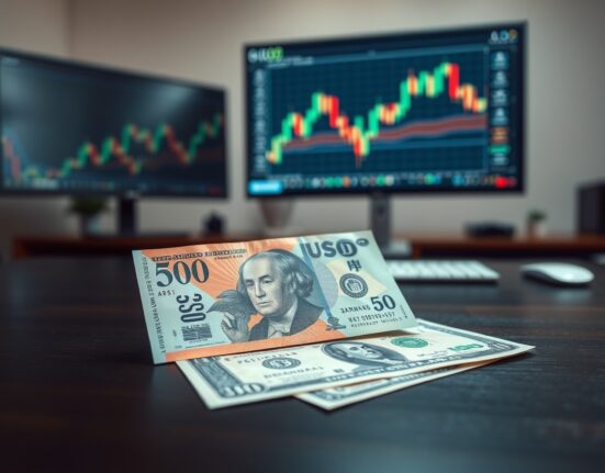 Japanese yen and US dollar banknotes on a desk with a blurred financial chart in the background