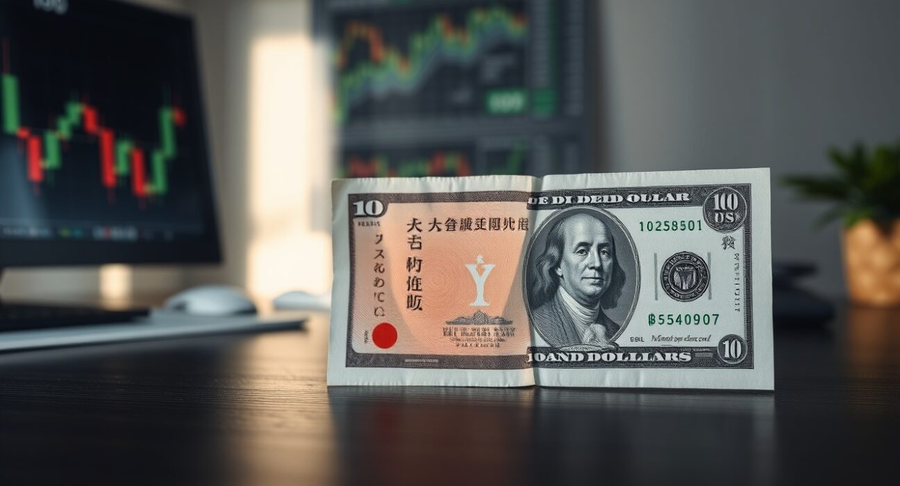 Japanese yen and US dollar banknotes on a desk, representing currency exchange and forex market analysis.