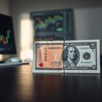 Japanese yen and US dollar banknotes on a desk, representing currency exchange and forex market analysis.