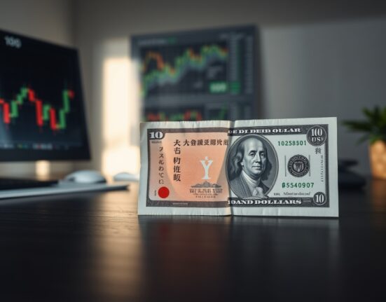 Japanese yen and US dollar banknotes on a desk, representing currency exchange and forex market analysis.