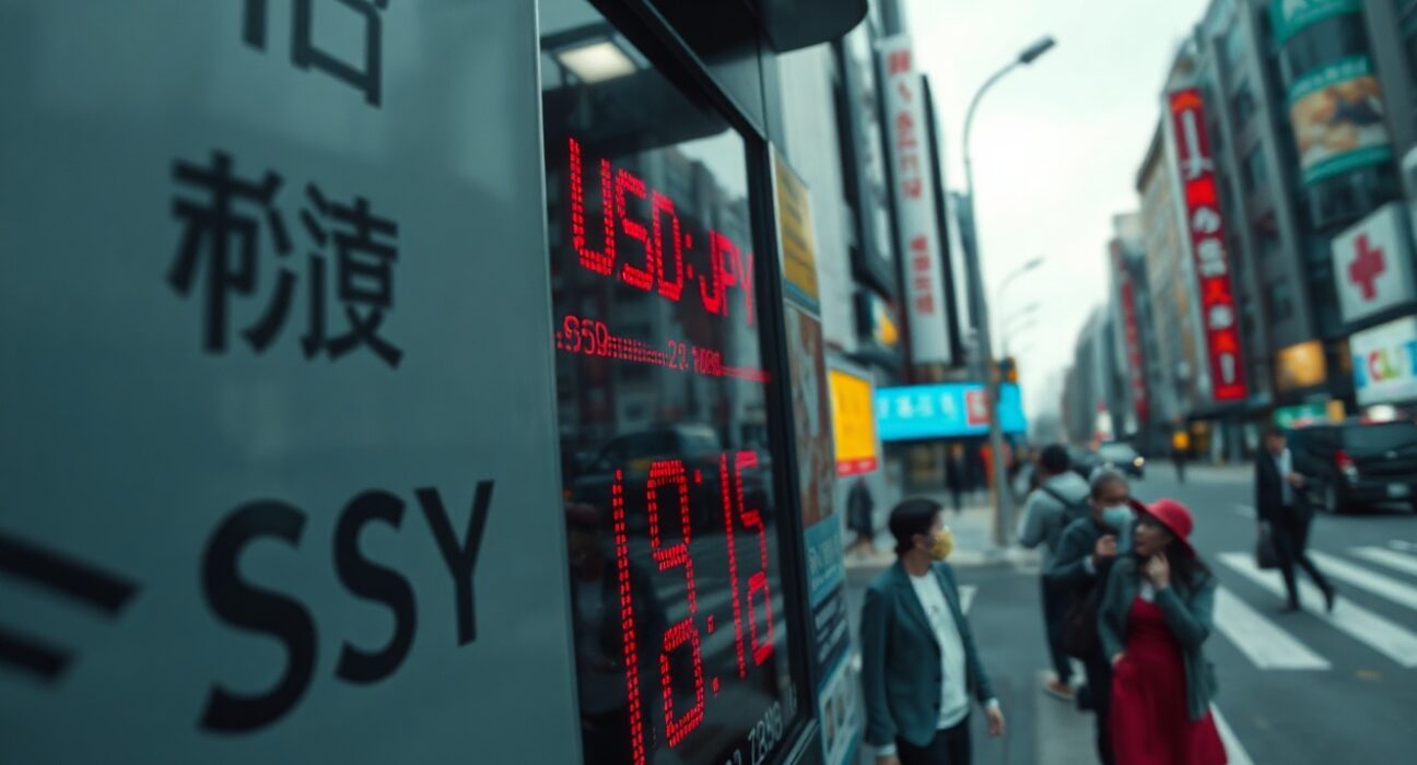 USD/JPY exchange rate board in Tokyo financial district, Yen near multi-year low