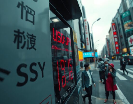 USD/JPY exchange rate board in Tokyo financial district, Yen near multi-year low