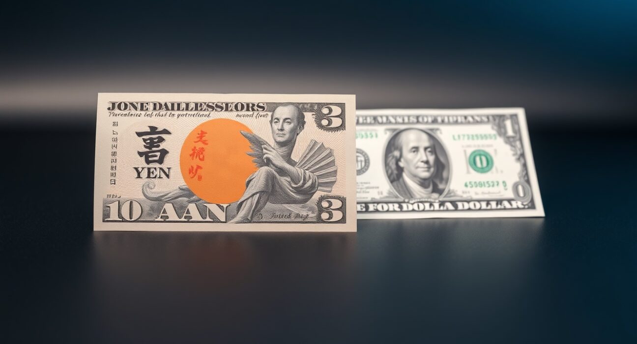 Japanese Yen and US Dollar banknotes on a desk representing currency exchange rates and forex analysis.