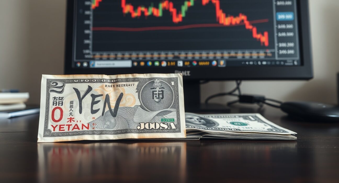 Japanese Yen and US Dollar banknotes on a desk with a forex chart in the background