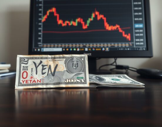 Japanese Yen and US Dollar banknotes on a desk with a forex chart in the background