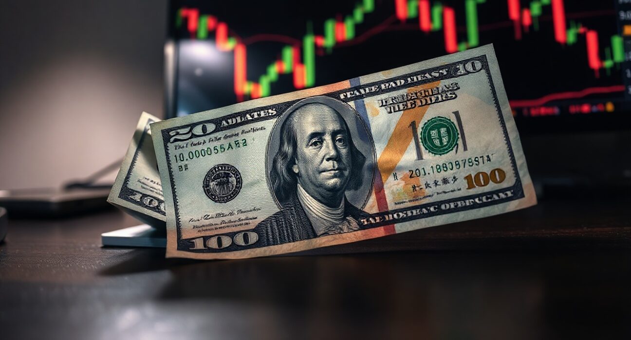 Japanese Yen and US Dollar banknotes on a desk with a forex chart in the background.