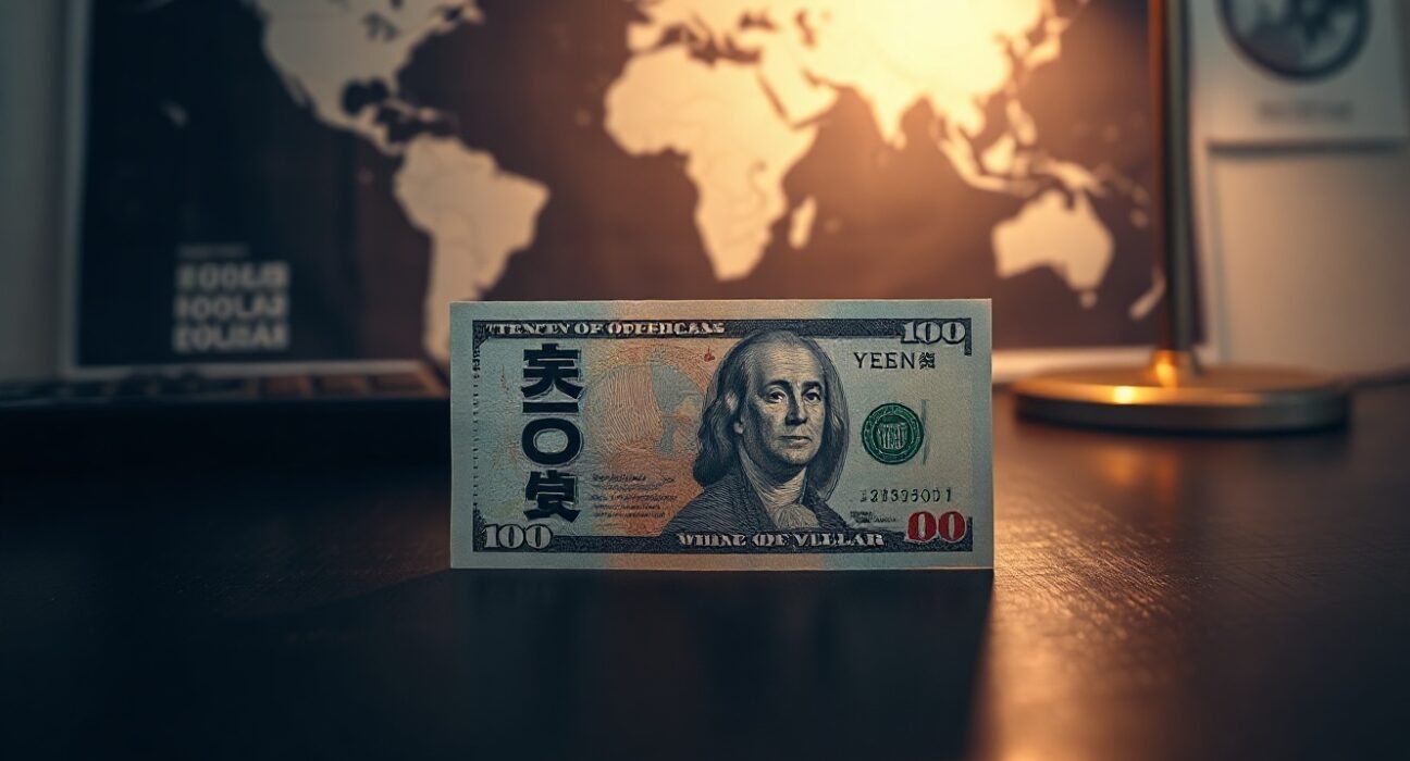 Japanese yen and US dollar banknotes on a desk with financial charts in background