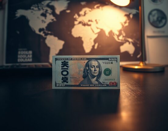 Japanese yen and US dollar banknotes on a desk with financial charts in background