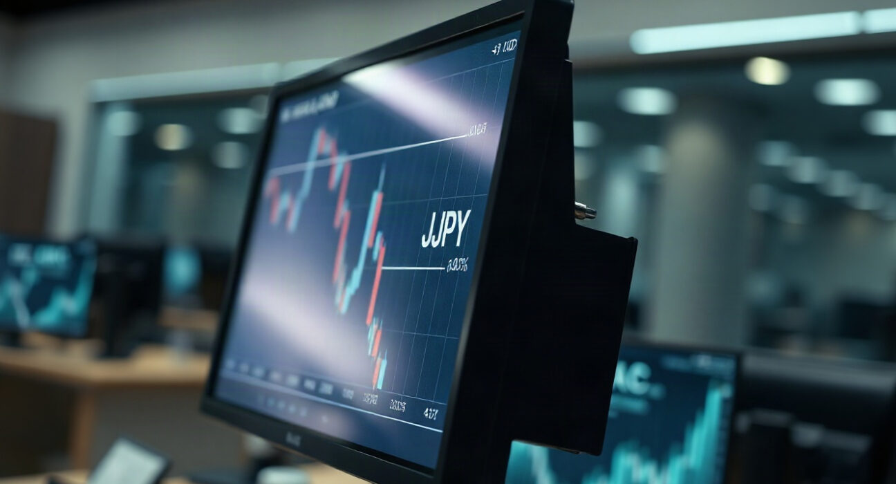 USD/JPY currency chart showing yen weakness near one-month low on trading screen