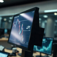 USD/JPY currency chart showing yen weakness near one-month low on trading screen