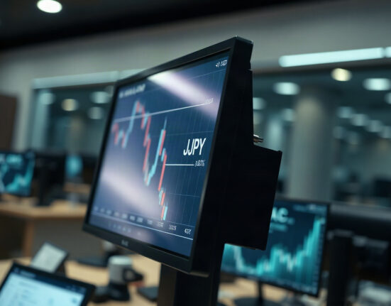USD/JPY currency chart showing yen weakness near one-month low on trading screen