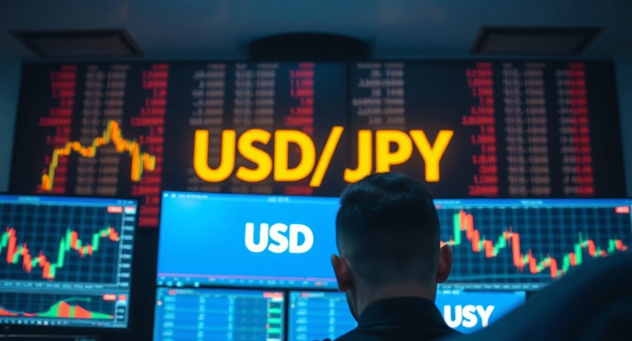 USD/JPY exchange rate chart displayed on trading screens in a financial market setting