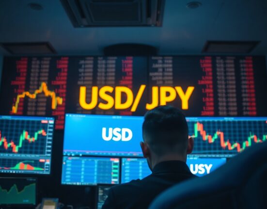 USD/JPY exchange rate chart displayed on trading screens in a financial market setting
