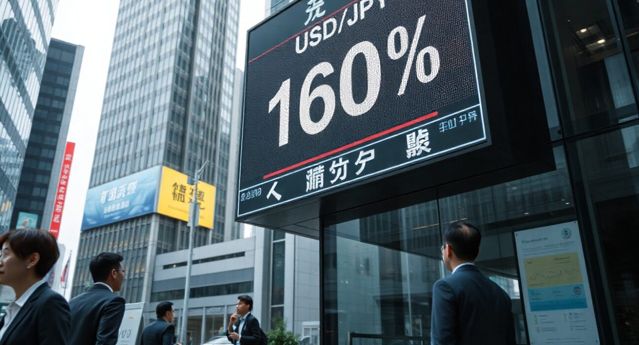 Digital exchange rate board in Tokyo financial district showing yen at weak level against US dollar